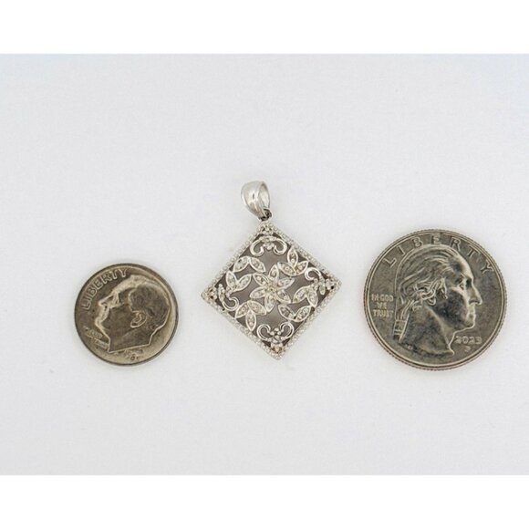 Brand New Sterling Silver 925 Filigree Floral Design Pendant w/ White Crystals, - Picture 6 of 10